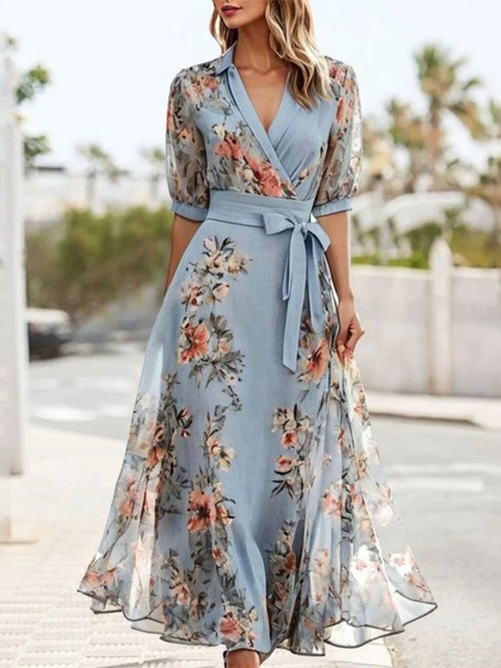 Light Mint Floral Wrap Midi Dress with Waist Tie
